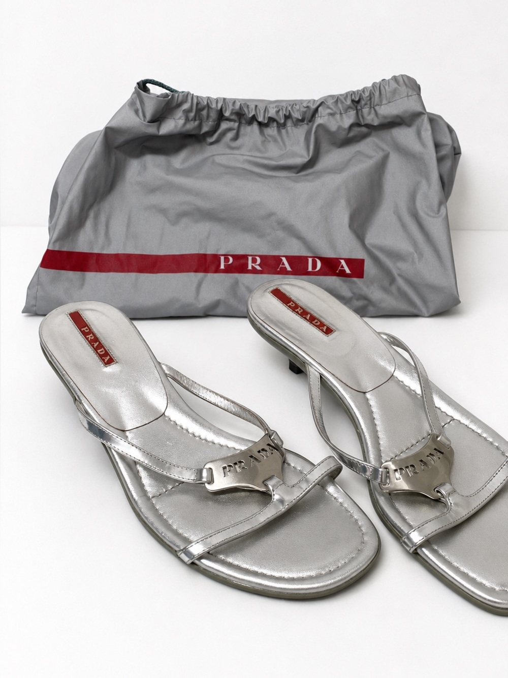 Prada Silver Metallic Logo Leather Kitten Heeled Sandals